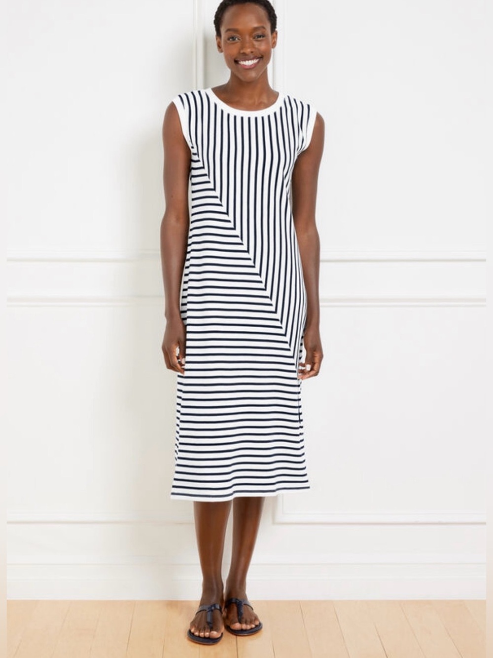 NWT Talbots Seaside French Terry Stripe Midi T-Shirt Dress White Black L